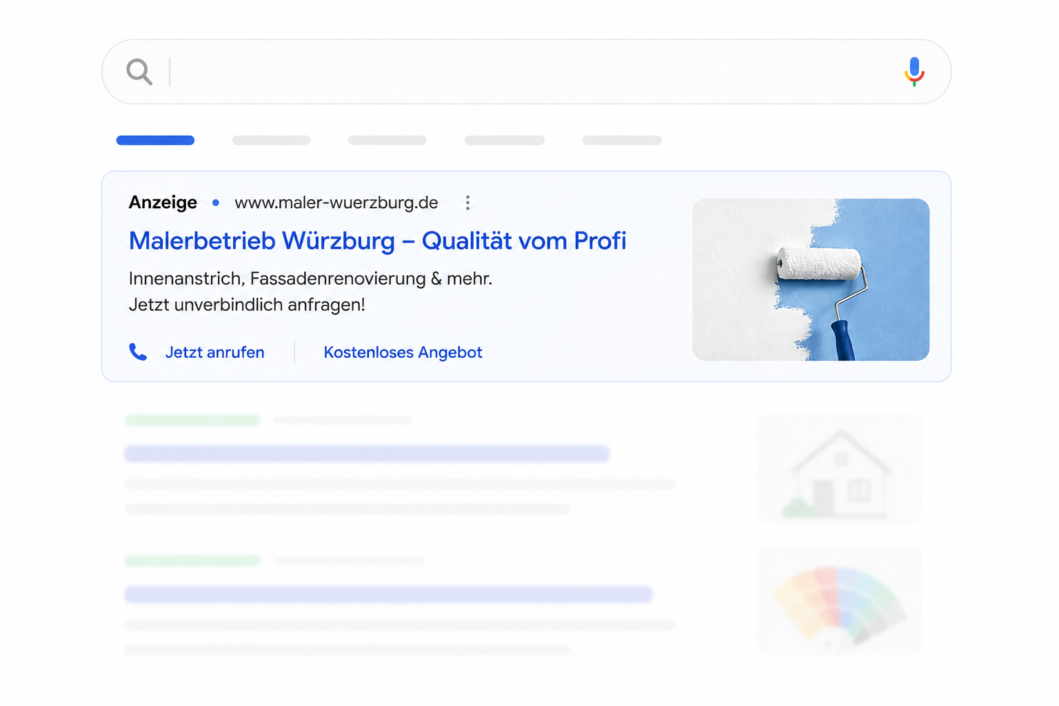 Suchergebnisse mit einer hervorgehobenen Google Suchanzeige für einen Malerbetrieb.