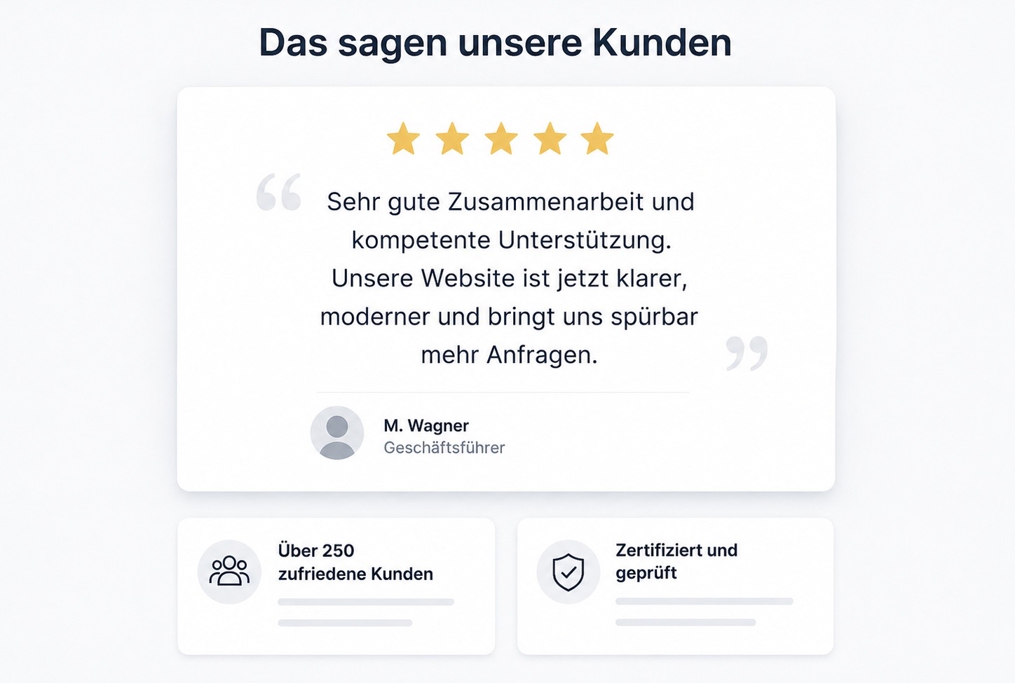 Kundenbewertung mit fünf Sternen sowie weiteren Vertrauensnachweisen auf einer Website.