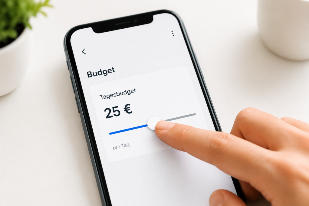 Person legt das Tagesbudget einer SEA-Kampagne auf einem Smartphone fest.