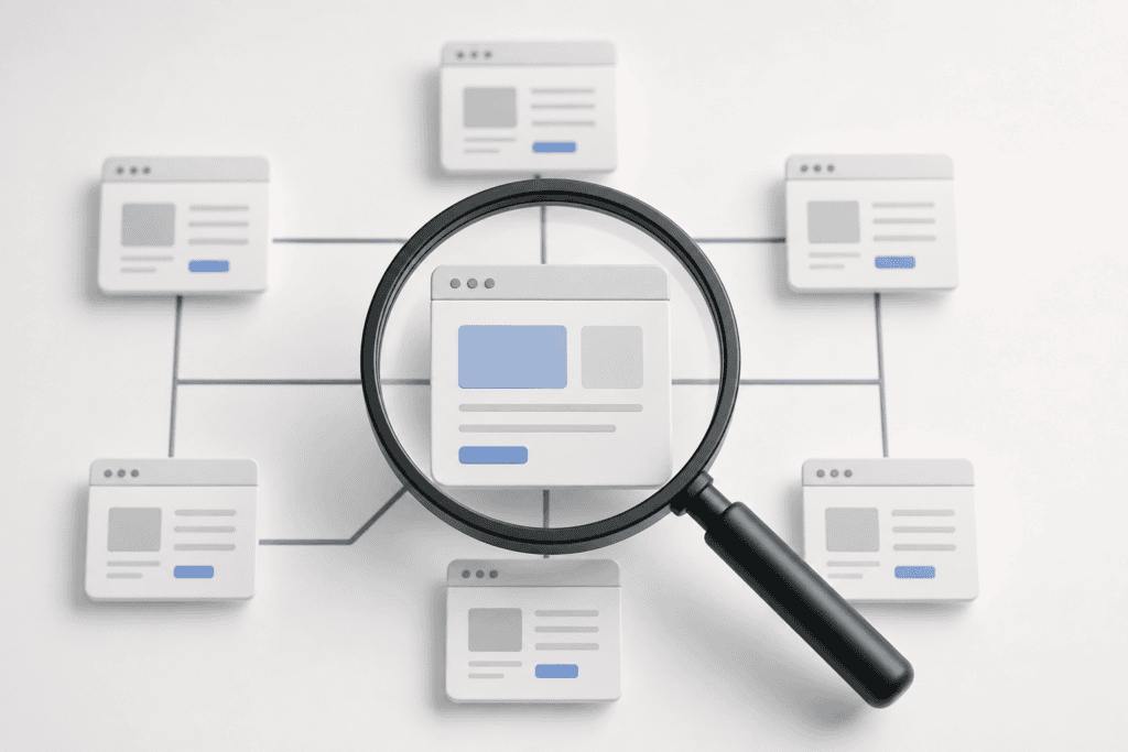 Lupe über einer vernetzten Website-Struktur mit mehreren Webseiten