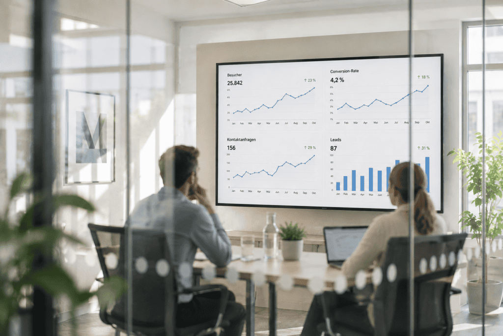 Team analysiert Kennzahlen und Diagramme einer Website, um deren Erfolg auszuwerten.