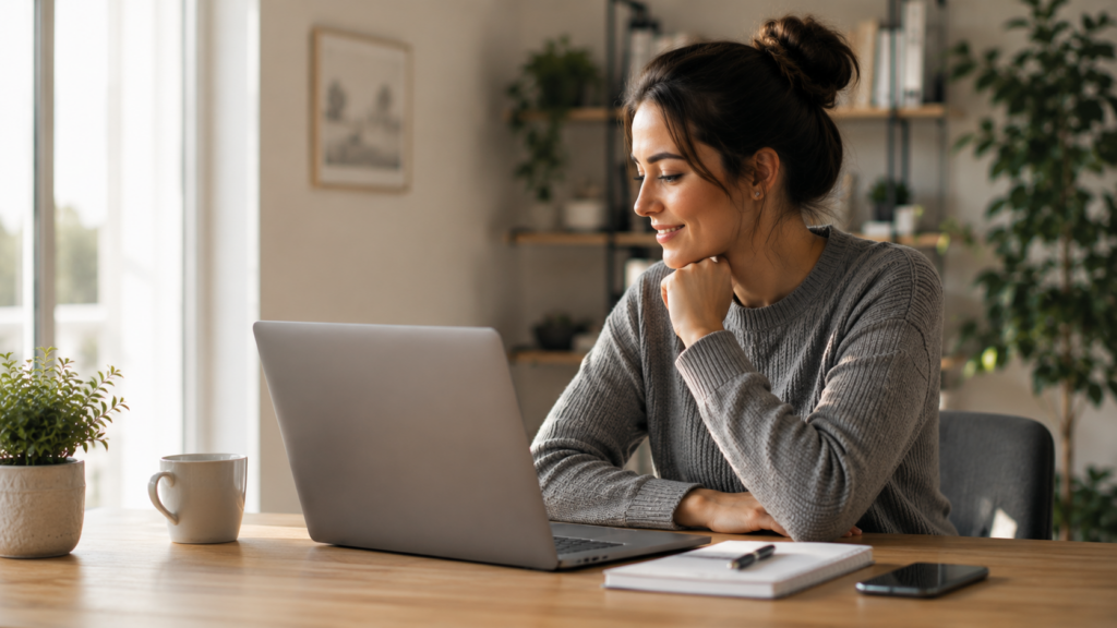Person nutzt eine Website auf einem Laptop und hat ein positives Nutzungserlebnis.