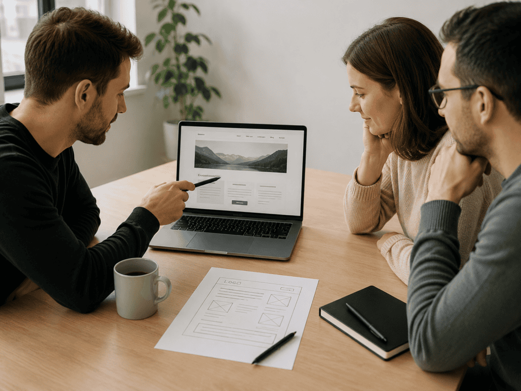 Drei Personen besprechen gemeinsam die Gestaltung und Optimierung einer Website.