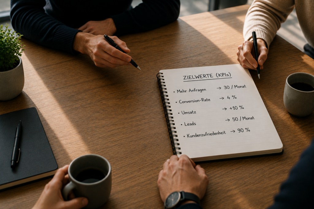 Team legt die wichtigsten KPIs zur Erfolgsmessung einer Website fest.