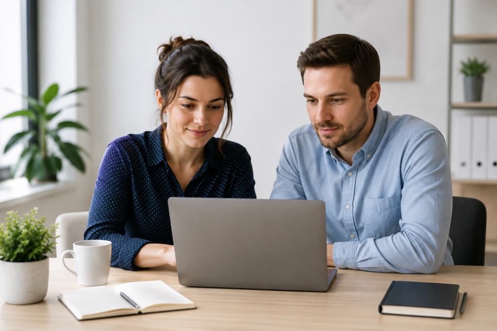 Zwei Personen überprüfen gemeinsam eine Website auf einem Laptop.