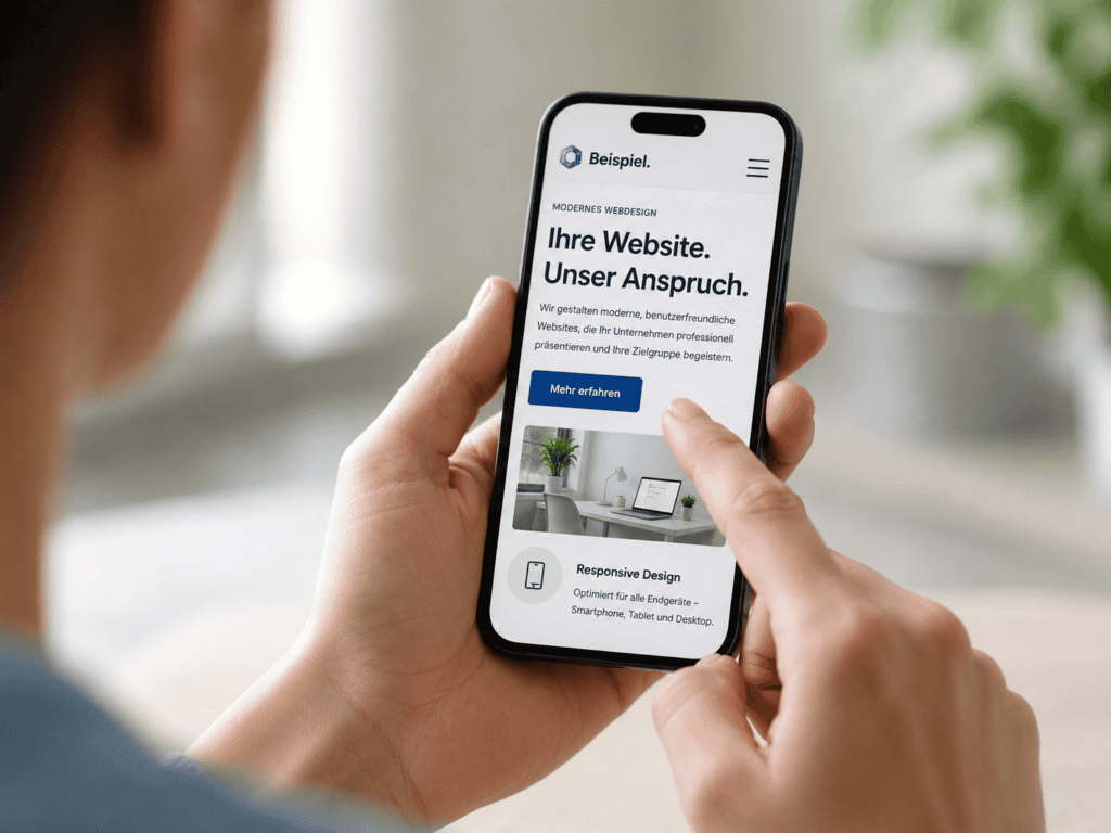 Person testet die mobile Darstellung einer Website auf einem Smartphone.