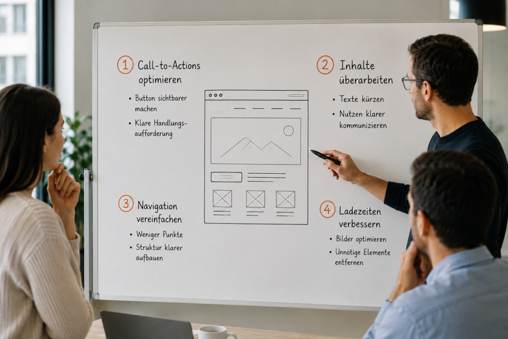 Team plant Optimierungsmaßnahmen für eine Website anhand einer Analyse am Whiteboard.