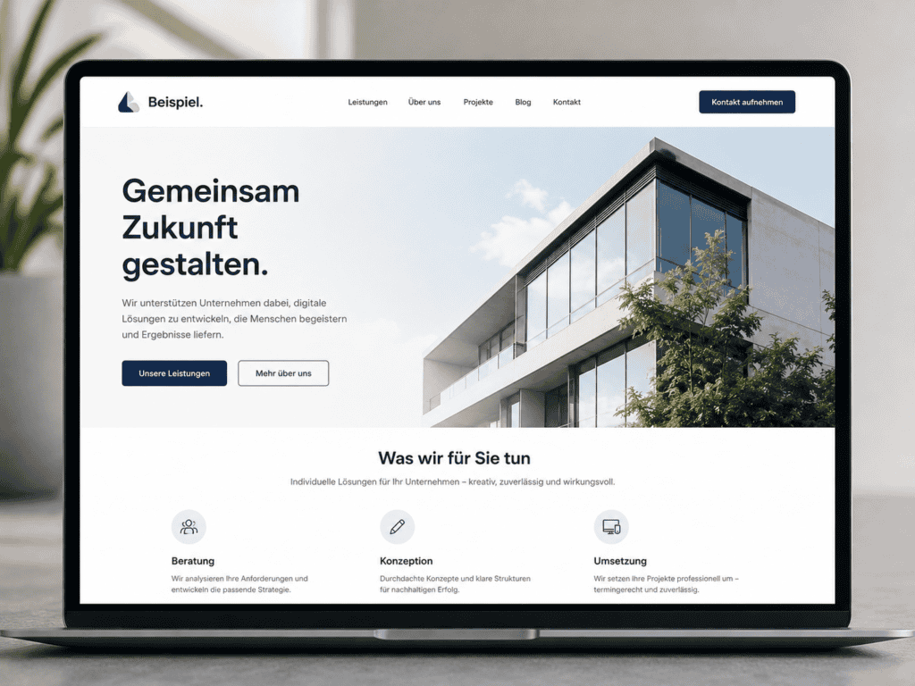Professionell gestaltete Unternehmenswebsite mit klarer Navigation, übersichtlichen Inhalten und Kontaktmöglichkeiten.