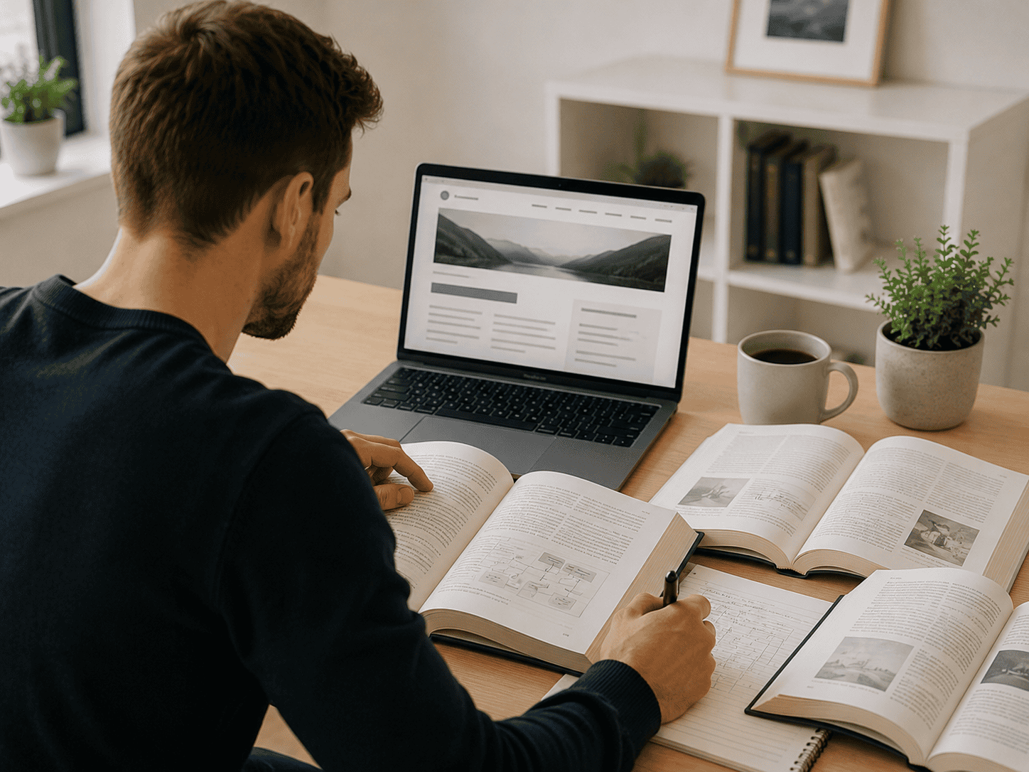 Person recherchiert Informationen für hochwertige Website-Inhalte mit Büchern und einem Laptop.