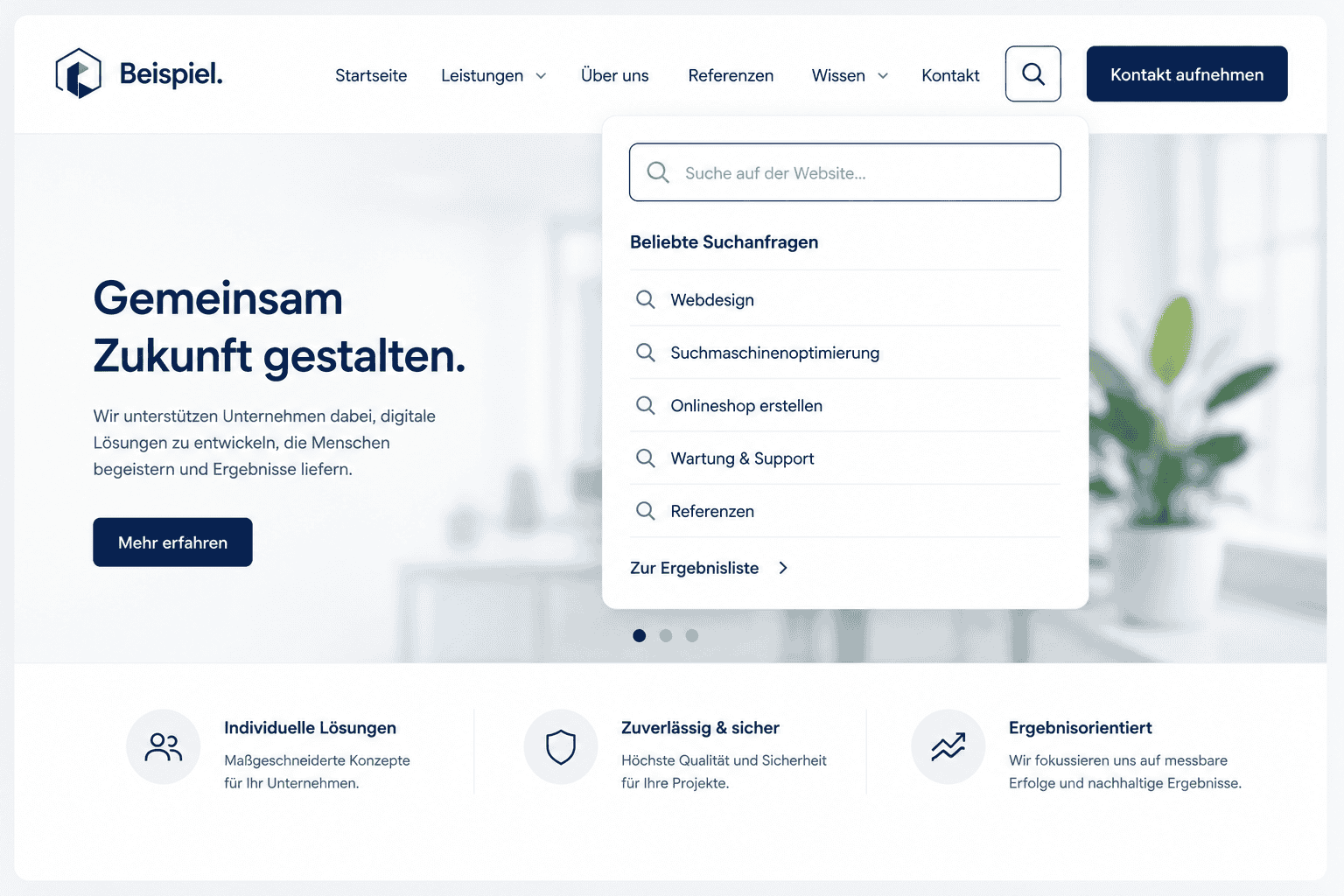 Suchfunktion einer Website mit Suchfeld und passenden Suchergebnissen