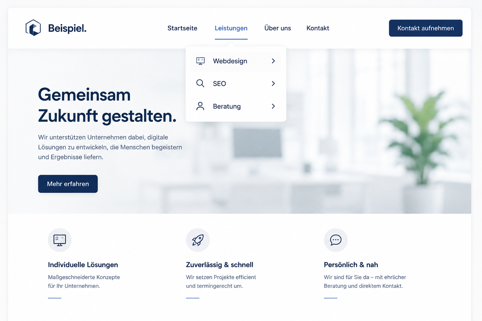 Geöffnetes Untermenü einer Website mit mehreren weiterführenden Seiten