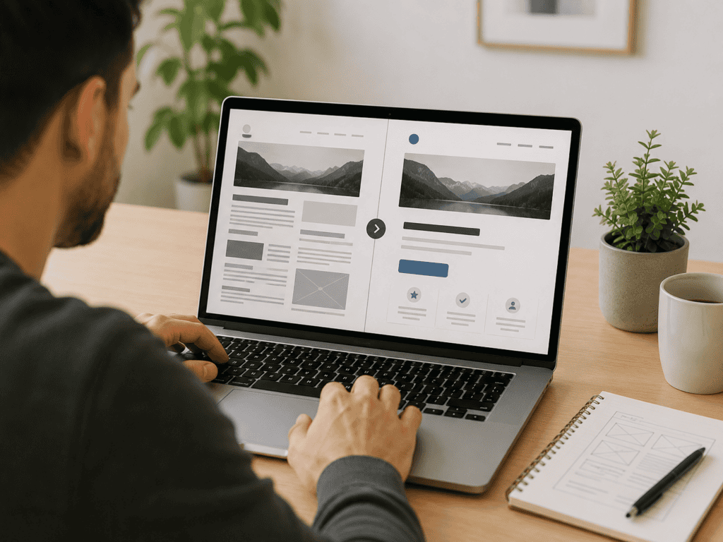 Person analysiert das Vorher / Nachher einer Website auf einem Laptop.