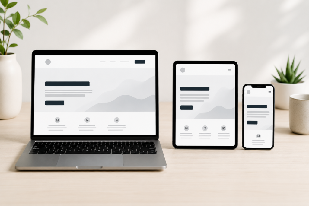 Website wird auf Laptop, Tablet und Smartphone für verschiedene Endgeräte optimiert.