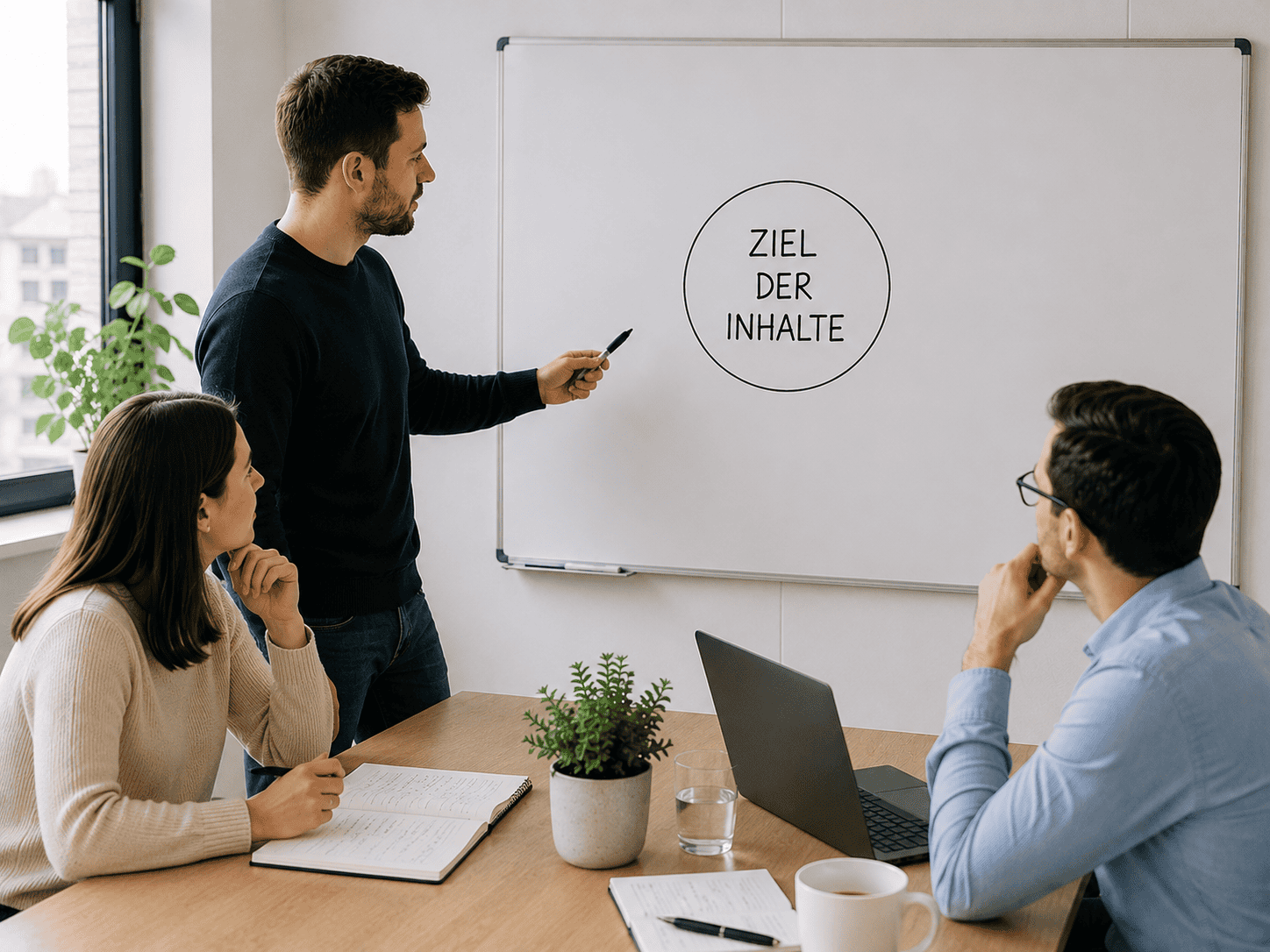 Team definiert gemeinsam das Ziel von Website-Inhalten an einem Whiteboard.