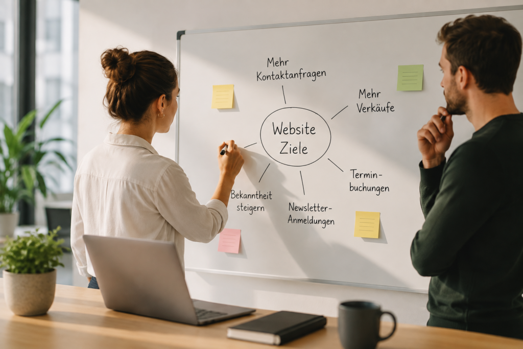 Zwei Personen definieren die Ziele einer Website an einem Whiteboard.