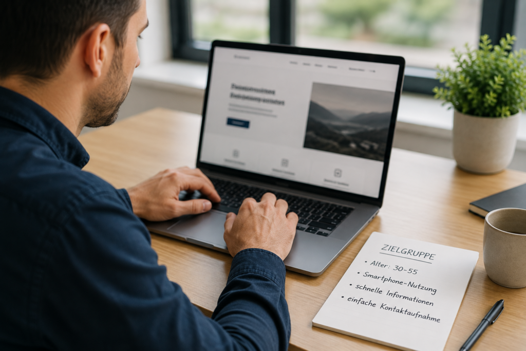Person analysiert die Zielgruppe einer Website anhand von Notizen und einem Laptop.